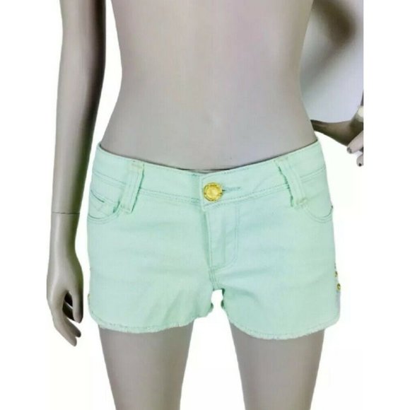 Vintage 90's Y2K Pastel Green Denim Frayed Edge Gold Studded Short Shorts - Picture 2 of 7